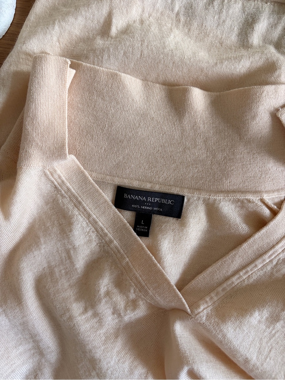 Banana Republic 100% Merino Wool Polo Sweater Collared V-Neck Cream L - Picture 6 of 11
